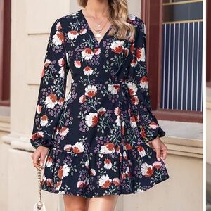 Cupshe Navy Floral Long Sleeve Dress